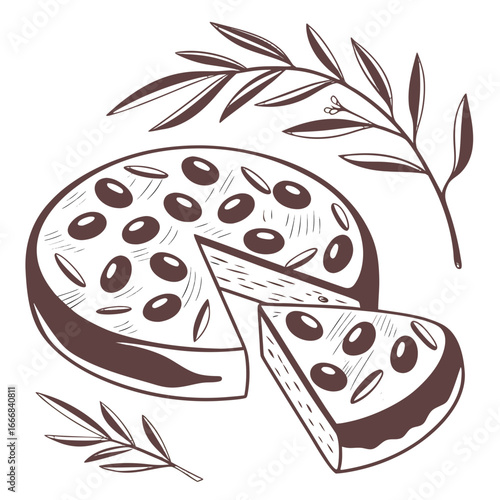 Round focaccia bread with olive topping and olive branches olives