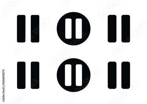 vector solid black filled icons hesitation (pause icon): pause bars circle frame shadow smear highlight rim soft glow light dot.
