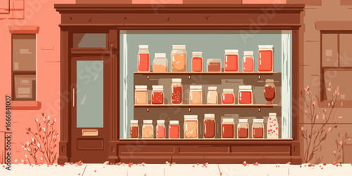 Charming illustrated storefront with a window display of colorful jars of preserves on wooden shelves.
