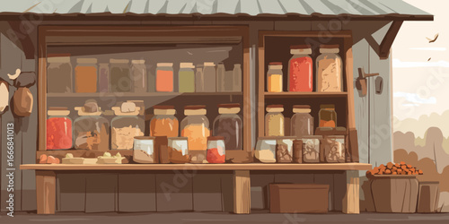 Illustrated rustic wooden market stall with shelves of colorful spices and preserved goods in glass jars.