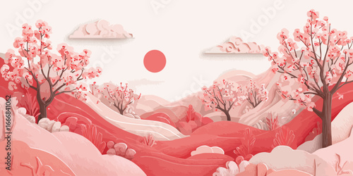 A serene Japanese landscape illustration with pink cherry blossom trees, rolling hills, and a red sun.