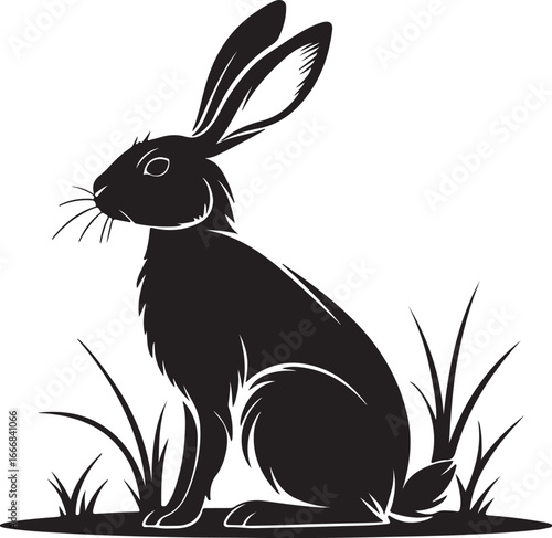 Silhouette of a hare sitting in grass with long ears up against a white backdrop silhouette