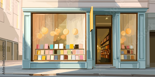 Charming blue bookstore facade with colorful books displayed in a sunlit window and warm glowing pendant lights.