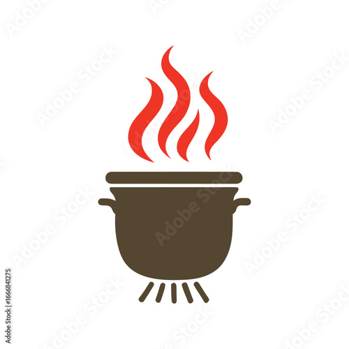 Brown cooking pot with red flames and heat lines food