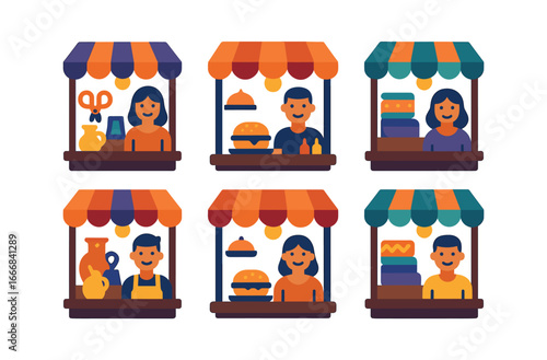 vector colorful flat filled icons dusk celebration (market stalls): crafts food textiles warm light smiling vendors evening air.