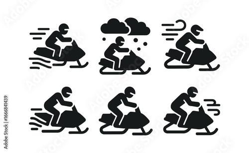 vector solid black filled icons snow scooter riding (storm): blowing snow poor visibility leaning rider icy gusts tense posture gray tones.