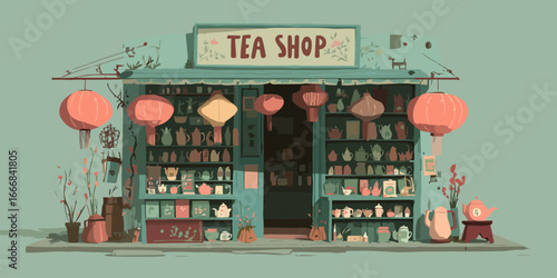 Charming illustrated Asian tea shop storefront with hanging paper lanterns and shelves of ceramic teapots.