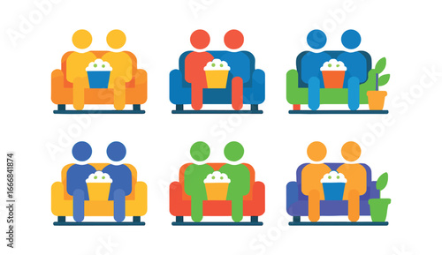 vector colorful filled icons watching movie together (couch pose): couch outline two figures popcorn dot shadow smear cushion line plant pot.
