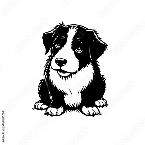 A charming monochromatic illustration showcases a fluffy and endearing puppy in simple drawing