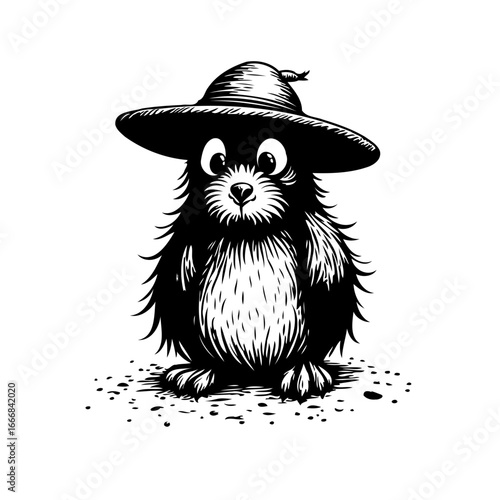 A charming fuzzy creature adorned with a wide brimmed hat showcases whimsical character and design