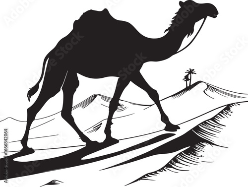 Silhouette of a camel walking across sand dunes in a desert landscape under a clear sky silhouette