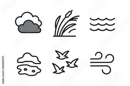vector outline icons marshland (stormy sky): dark clouds wind blown reeds choppy water wet ground flying birds heavy air.