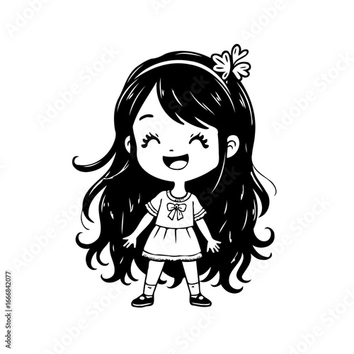 A charming whimsical black and white illustration showcasing a joyful young girl with a delightful