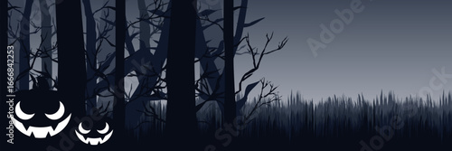 Creepy Halloween vector background with glowing pumpkins in a misty forest. a wide panoramic banner with ample copy space for text.