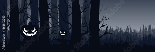A scary jack-o'-lantern peeking from a dark. foggy forest at night. a modern grey monochromatic Halloween header for websites and marketing.