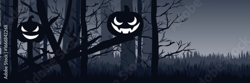 Panoramic Halloween scene with creepy carved pumpkins in a mysterious grey woodland. a wide-screen template with empty space for creative agency ads.