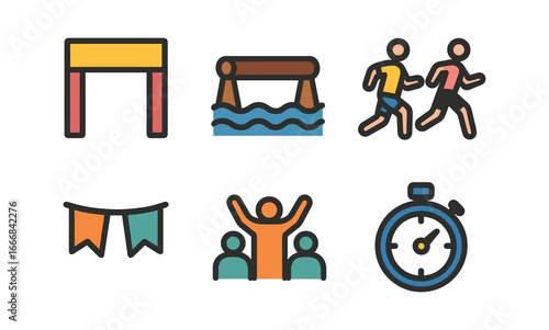 vector colorful flat filled icons obstacle running (competition): start line obstacles athletes banners cheering crowd stopwatch.