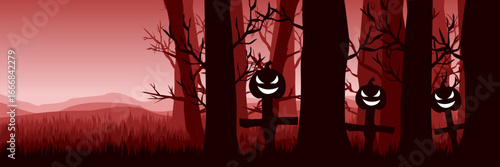 Scary Halloween background featuring a bloody red sky over a spooky forest and cemetery with abandoned tombstones and jack-o'-lanterns.