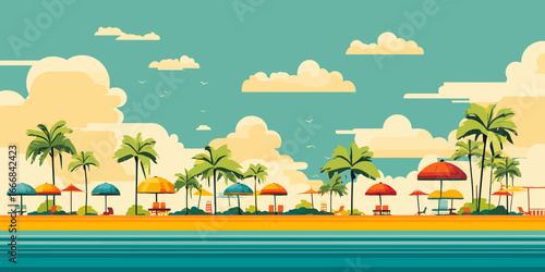 Vibrant, stylized tropical beach scene with colorful umbrellas and palm trees under a cloudy sky.