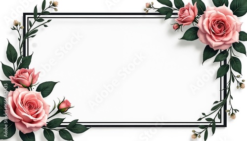Elegant floral wreath frame with pink roses, green leaves on white background. Sophisticated design suitable for mourning cards, memorial services, sympathy messages. Vintage illustration style with