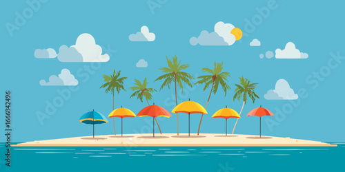 Flat vector illustration of a tropical island with palm trees and colorful beach umbrellas.