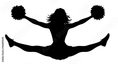 Cheerleader silhouette in energetic jump with pom poms, wide split pose, team spirit, support chants, motivation and lively crowd performance