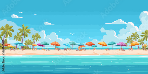 Colorful panoramic illustration of a tropical beach with palm trees and vibrant umbrellas.