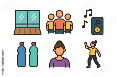 vector colorful filled icons middle school stage (dance practice): mirrors wood floor students in formation music player water bottles instructor.