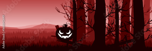 A panoramic vector banner of a haunted graveyard at night with glowing pumpkins and a blood-red sky ideal for a horror website header.