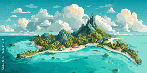 Vibrant illustration of a lush tropical island with volcanic peaks, palm trees, and sandy beaches.