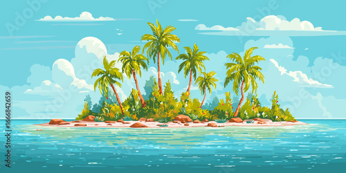 Vibrant cartoon illustration of a remote tropical island with lush palm trees, green foliage, and a sandy shore.