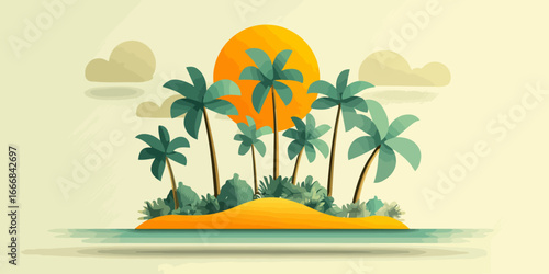 Stylized tropical island with lush palm trees and a vibrant orange sun