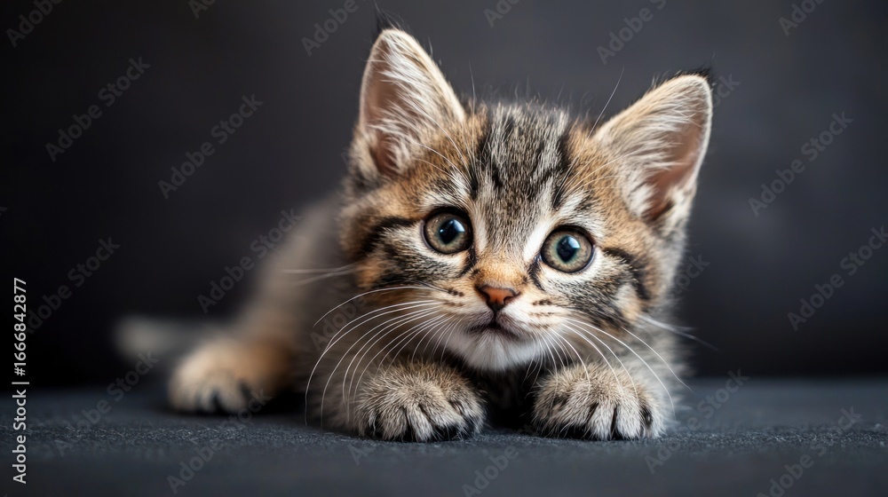 Fototapeta premium A curious kitten with striped fur, lying on a dark surface with its front paws raised, looking up with wide eyes and a slightly open mouth