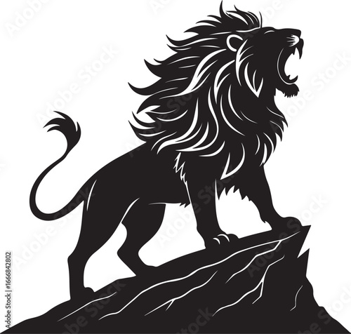 Majestic roaring lion silhouette standing proudly on rocky outcrop majestic powerful animal symbolism silhouette
