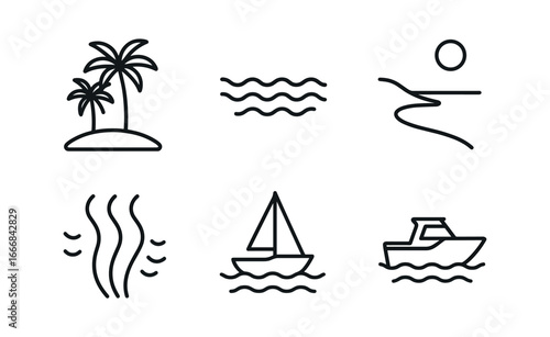 vector outline icons wakesurfing (tropical bay): palm trees turquoise water white sand wake trail anchored boats clear sky.
