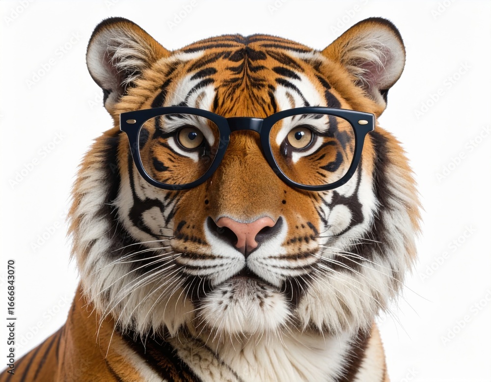 Obraz premium A tiger wearing glasses, showcasing a humorous and playful combination of wild beauty and intellectual charm.