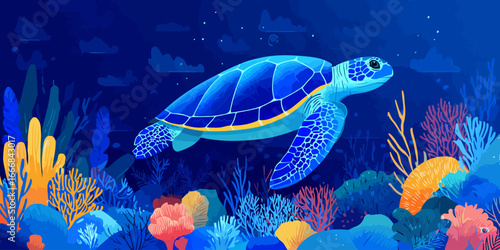 A beautifully illustrated blue sea turtle swimming, with a patterned carapace and yellow rim.