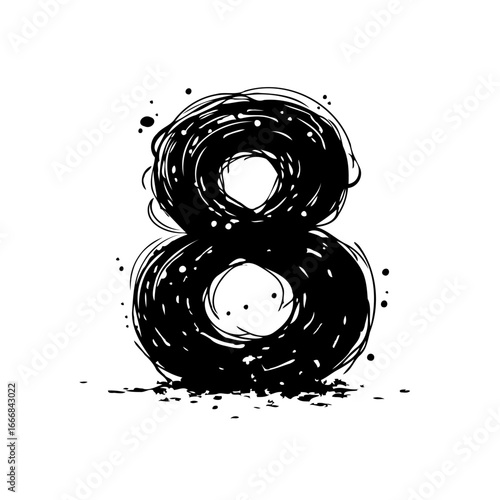 Abstract number eight design utilizing rough sketch effect and artistic splatter texture on plain