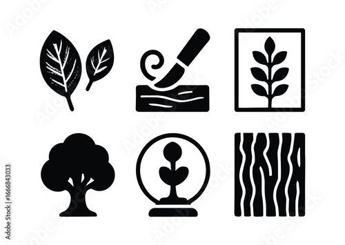 vector solid black filled icons dendrologist (creative): leaf prints wood carving botanical illustration tree silhouette art eco sculpture bark texture patterns.