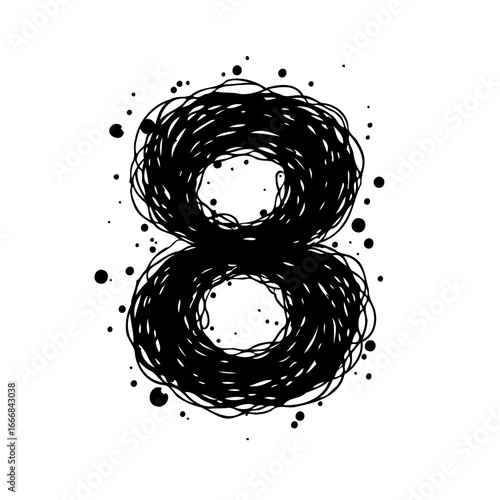 Abstract numeral eight illustration showcasing intertwined lines and artistic ink splashes