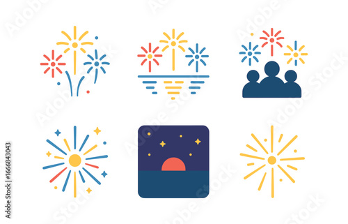 vector colorful flat filled icons dusk celebration (fireworks): bursts of color reflections water edge crowd silhouettes nightfall sparkle.