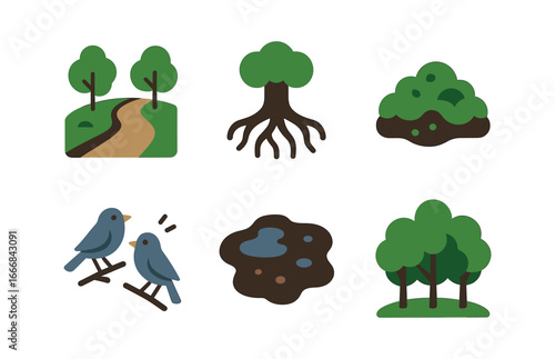 vector colorful flat filled icons hill path (forest): shaded trail tree roots moss chirping birds damp earth green canopy.