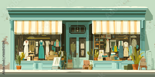 Charming illustrated storefront of a vintage clothing boutique with a teal facade and striped awnings.