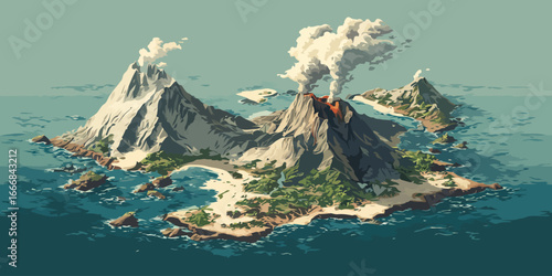 Stylized illustration of a remote tropical archipelago with active, smoking volcanoes and lush green shores.