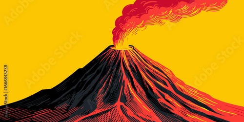 Bold graphic illustration of an erupting volcano with fiery red lava flows and a billowing smoke plume.