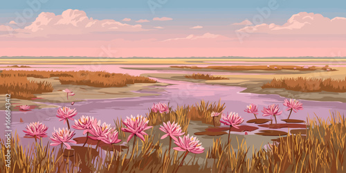 Serene marshland landscape illustration with pink water lilies blooming at sunset.