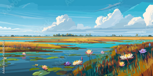 Vibrant painterly landscape of a marsh with blooming water lilies under a blue sky.