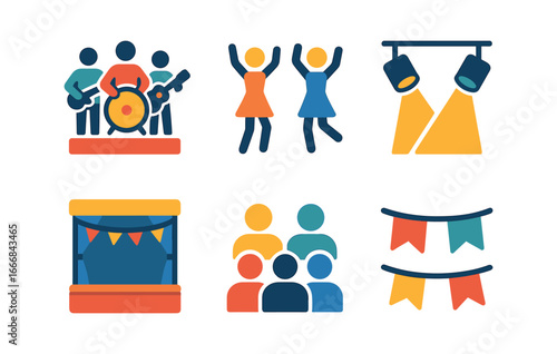 vector colorful flat filled icons community showcase (stage): local dancers spotlights decorated stage audience banners.