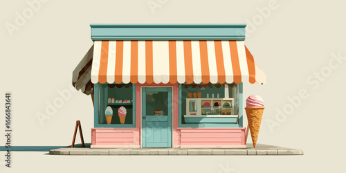 A charming pastel ice cream shop with a striped orange and white awning and a large cone prop.