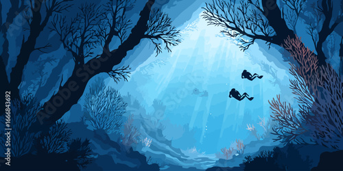 Stylized illustration of two silhouetted scuba divers exploring a mysterious deep blue underwater forest with dramatic light rays.